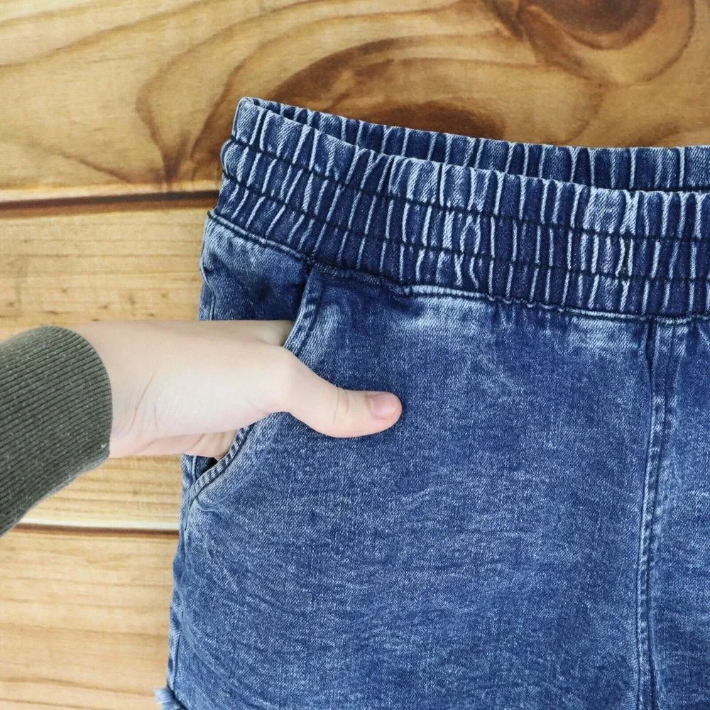 NOBO No‎ Boundaries Jean Shorts Stretch Waist Womens Sz XS Blue Pockets Mid Rise